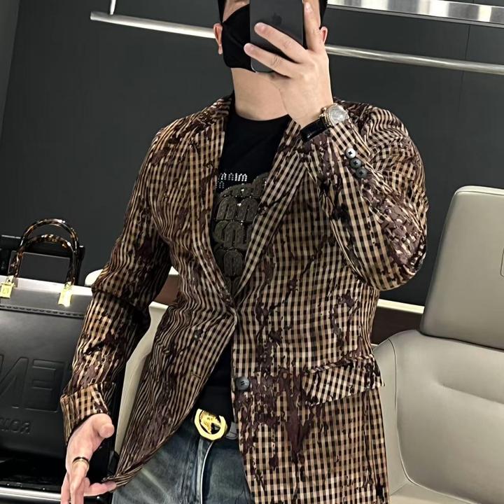 2025春款新款男士复古西装外套休闲时尚修身扎染夹克服韩版帅气