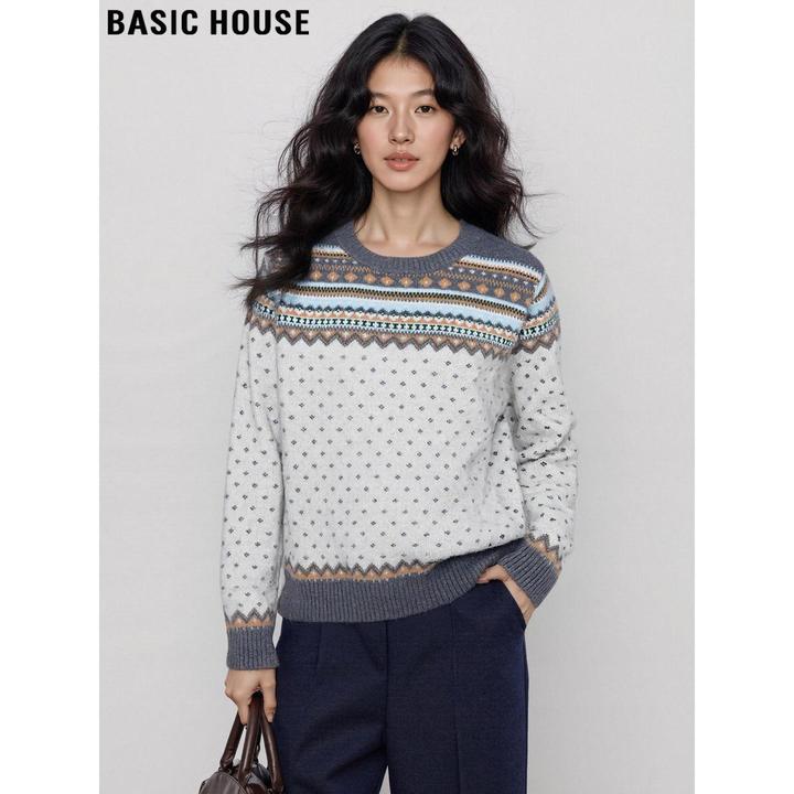 Basic House/百家好复古费尔岛圆领针织衫女2025冬季打底加厚毛衣