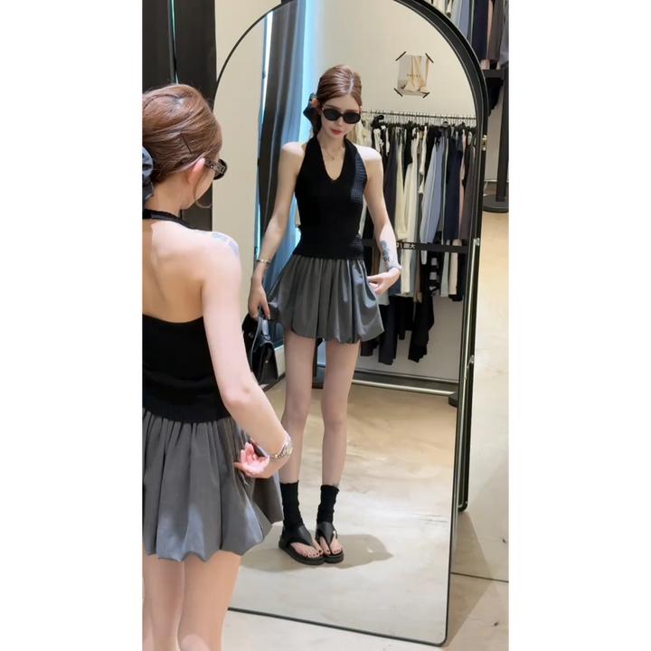 MARIE.COCO韩系极简风气质穿搭夏季针织挂脖修身上衣百褶短裙套装