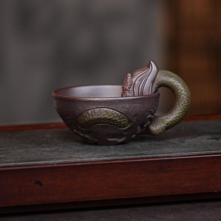 宜兴紫砂老紫泥手工制作品茗龙吟杯主人杯