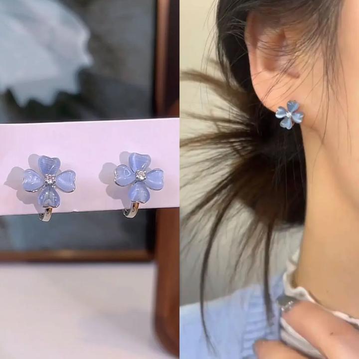铜合金耳饰 冰透蓝色四叶花耳扣小众设计耳环小清新蓝色花朵耳饰