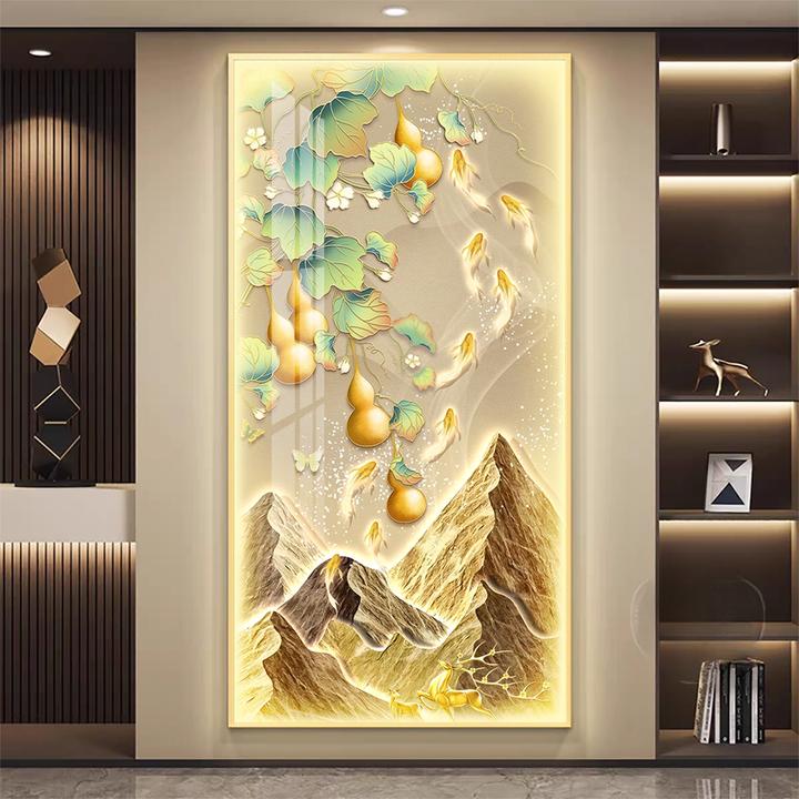 葫芦入户玄关装饰画九鱼图走廊过道挂画led带灯现代高级感壁灯画
