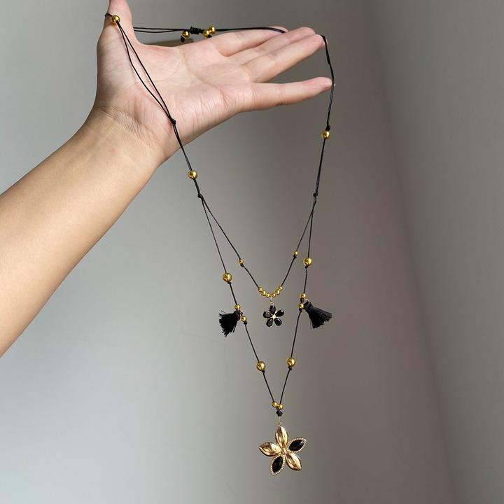 卡柒 非金属棉绳项链 复古双层流苏花朵项链轻奢气质高级感毛衣链