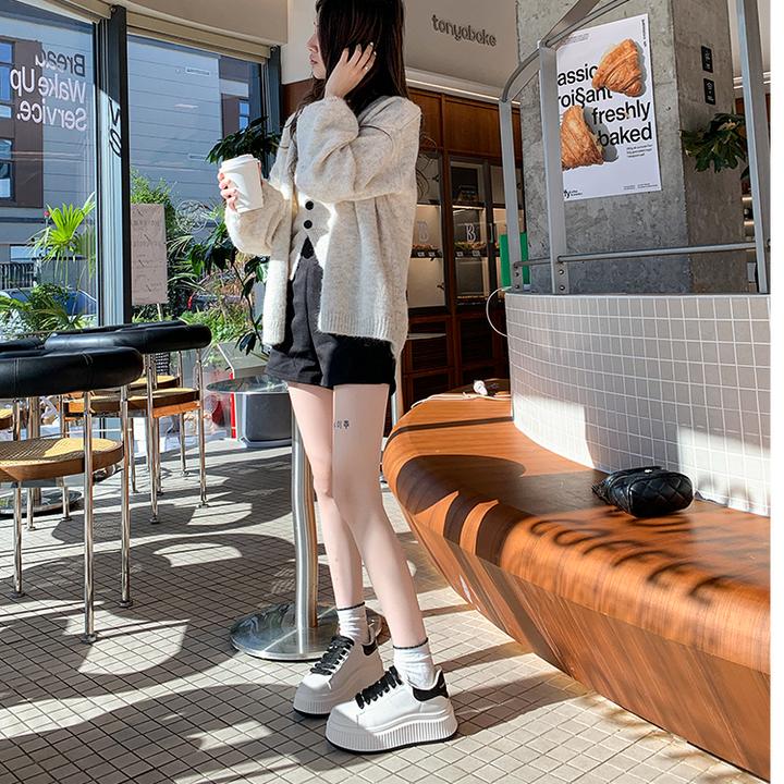 高端小白鞋女2025春季新款爆款时尚百搭厚底增高圆头系带休闲鞋LQ