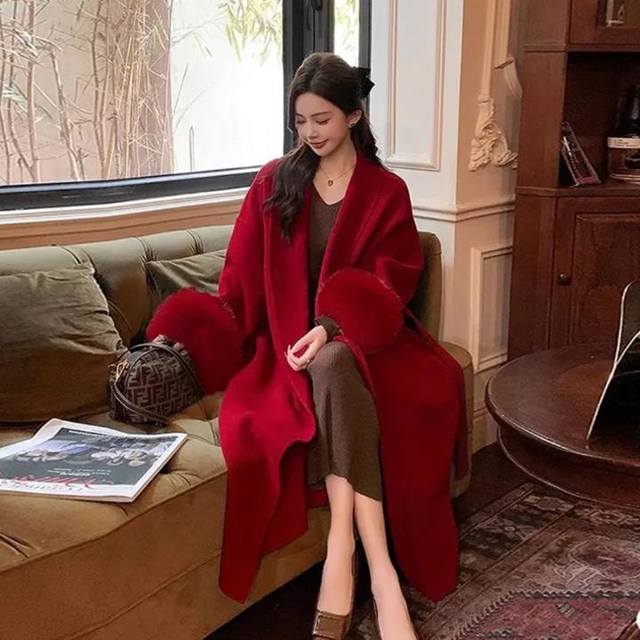 新款双面大衣女高个子加长款仿狐狸毛高级感毛呢外套