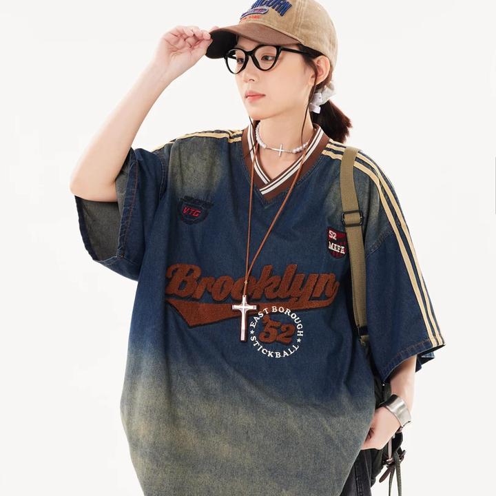 UNOTOBE 美式复古学院风条纹V领设计水洗做旧牛仔男女短袖T恤