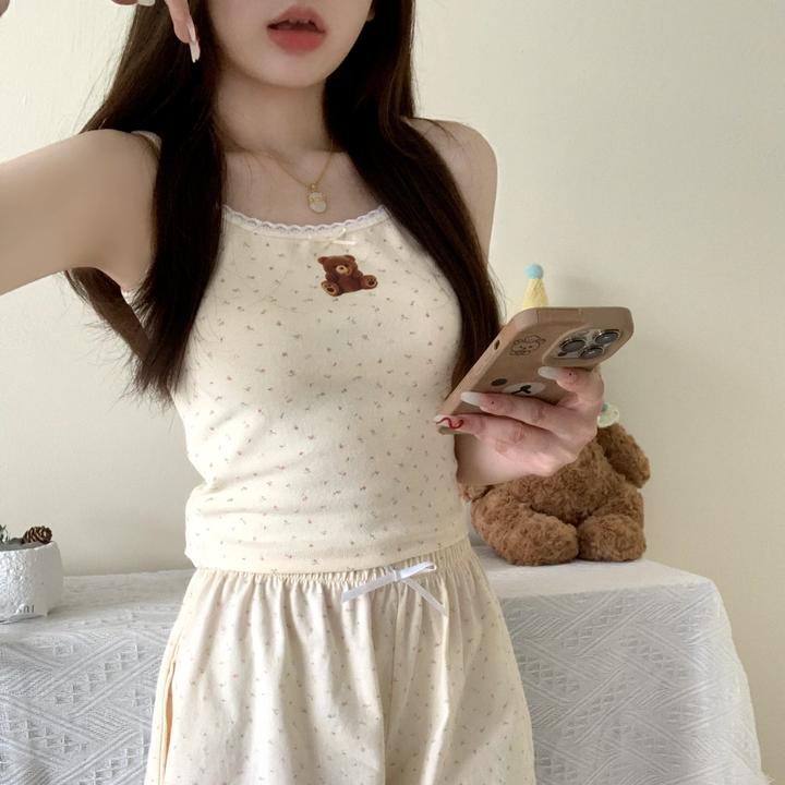 甜美碎花小熊纯棉睡衣女款2025新款夏季吊带短裤纯欲风家居服夏季