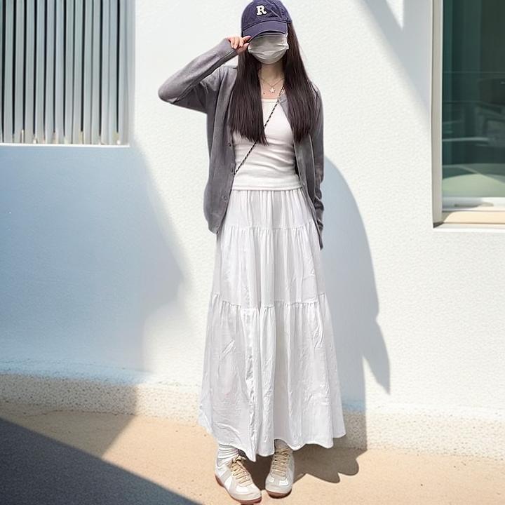 温柔风褶皱半身裙女夏设计感拼接遮胯大摆裙小个子垂感A字蛋糕裙