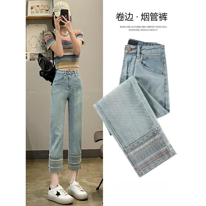 中国风烟管裤女2025年春秋新款高腰卷边直筒牛仔法棍裤九分小个子