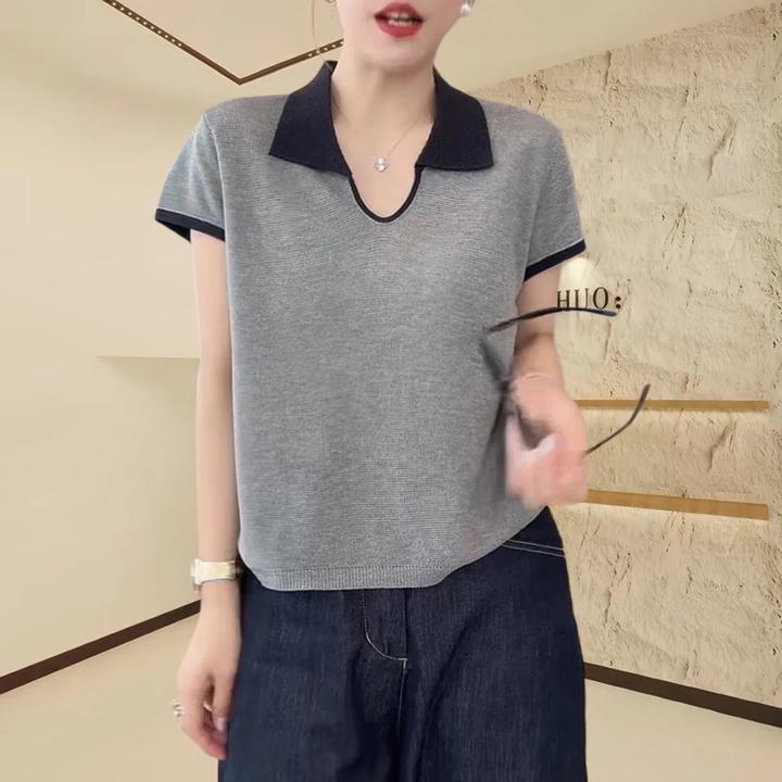 2025夏季新款韩版方领百搭修身时尚飞飞袖拼色翻领针织衫短袖