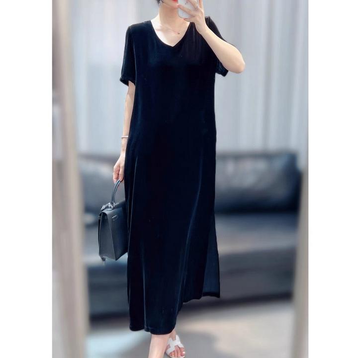 高档金丝绒不招灰薄款慵懒风轻奢黑色V零连衣裙长款