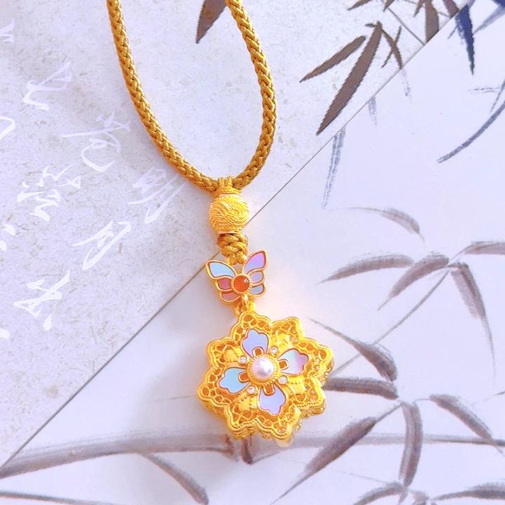 【赛菲尔精品】足金黄金古法螺钿蝴蝶四叶草女式金项链