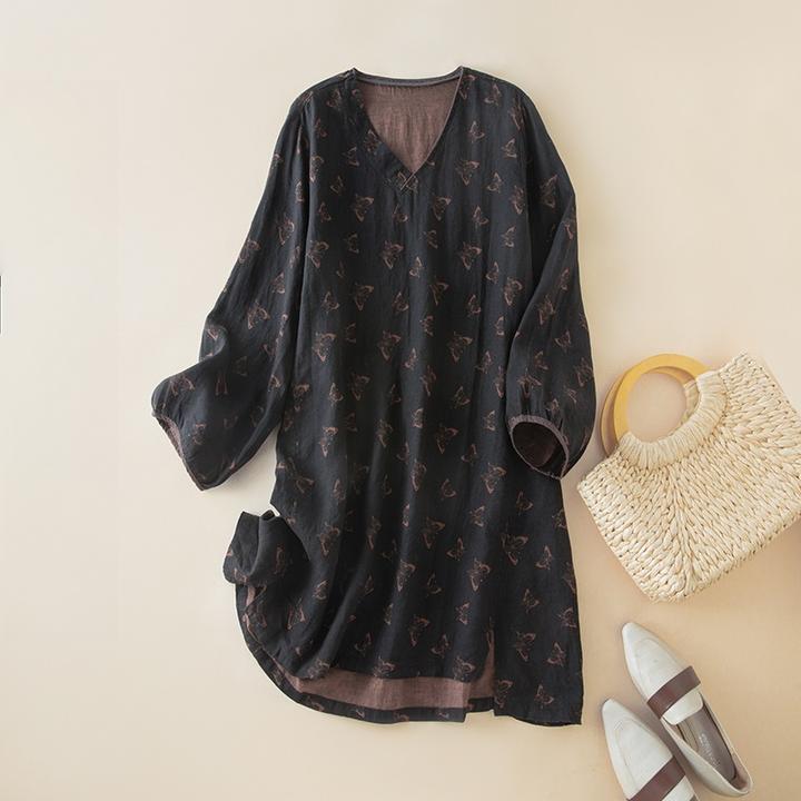 早秋季时尚新款复古洋气印花V领衬衫宽松百搭洋气显瘦长袖上衣女