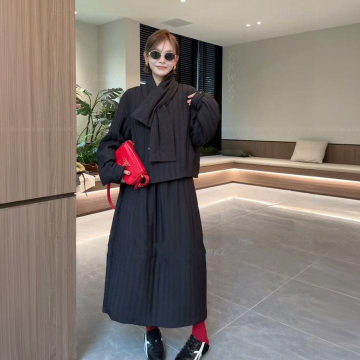 高级感时尚简约套装2025秋冬新款肌理感夹棉棉服外套半身裙两件套