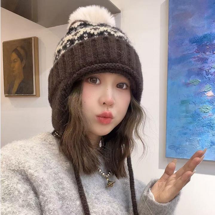 费尔岛风提花针织包头帽秋冬新款系带保暖护耳雷锋帽子女休闲百搭