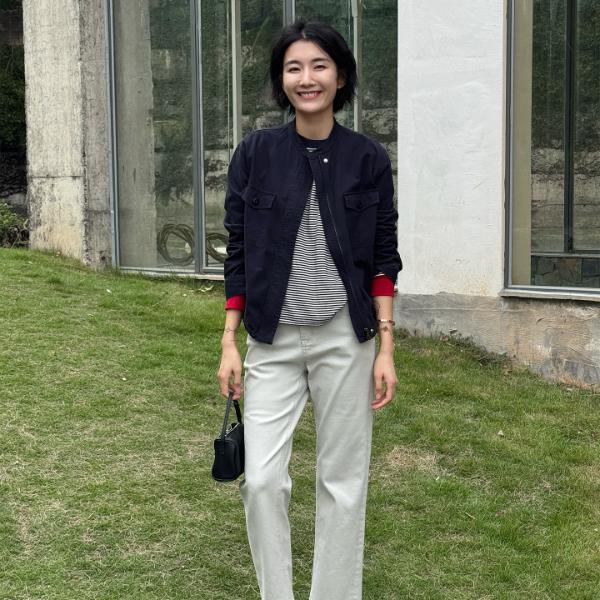 LANGQING 水洗纯棉双口袋拉链长袖短款外套女上衣44968#