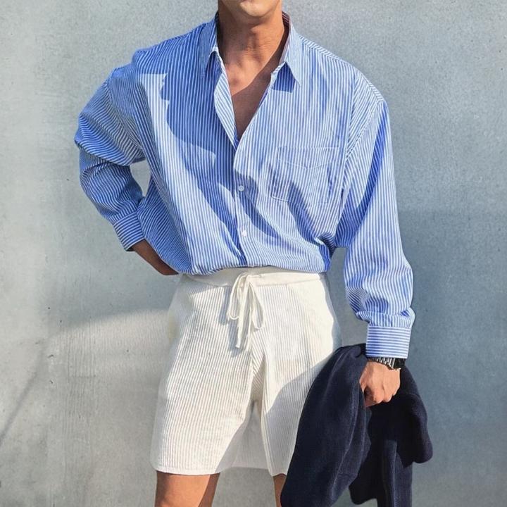 欧货高端条纹衬衫男士复古宽松长袖口袋工装衬衣运动透气排汗寸衫