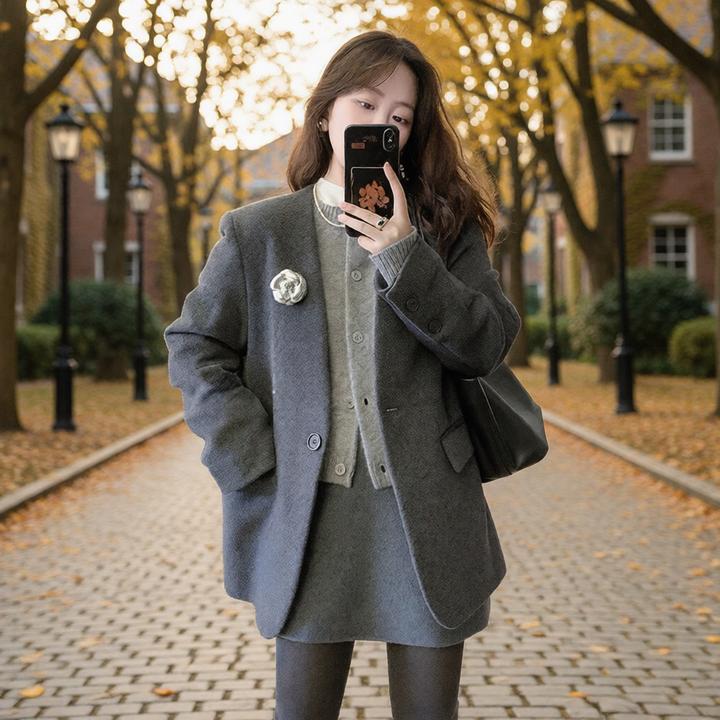 小个子时尚简约通勤毛呢套装女秋冬新款宽松长袖外套半身裙两件套