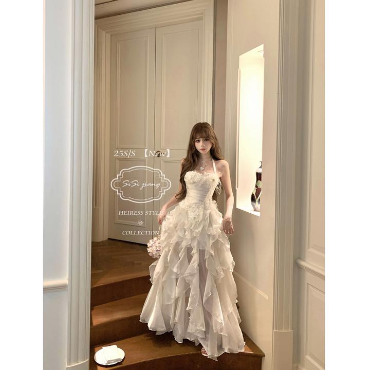 SISI JIANG“花园华尔兹”法式优雅气质蕾丝收腰网纱花朵大摆长裙