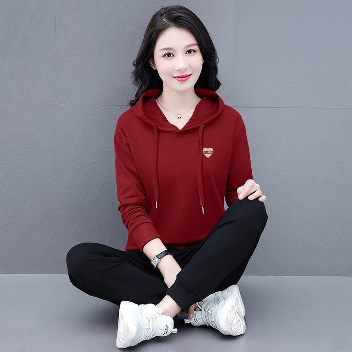 大码休闲时尚长袖新款秋冬加绒加厚女士洋气宽松简约百搭通勤套装