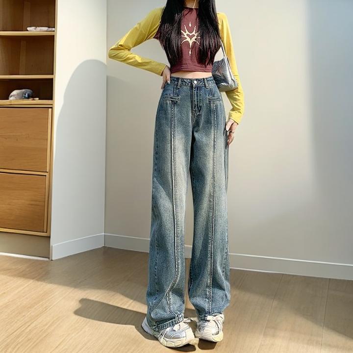 美式复古双压线牛仔裤女秋季新款马骝袋口刺绣直筒宽松阔腿裤ins