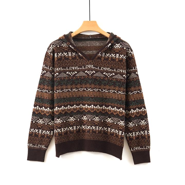 天山【100山羊绒】新款女士条纹气质复古长袖连帽羊绒衫-YTNL5780T