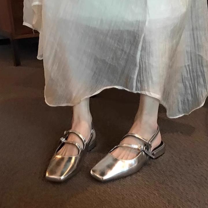 法式方头低跟银色玛丽珍鞋包头凉鞋女2025春夏新款仙女风后空单鞋