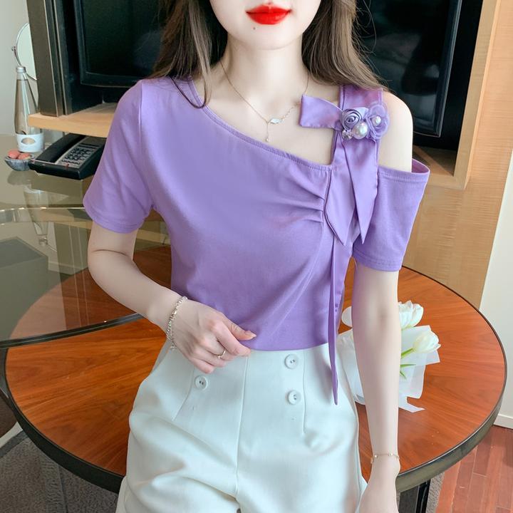 设计感小众短袖T恤女气质斜领露肩蝴蝶结上衣夏季时尚百搭显瘦潮