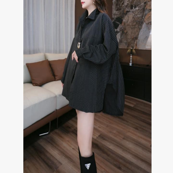 【鑫蕾】早秋新款上衣条纹宽松外穿复古显瘦衬衫29090