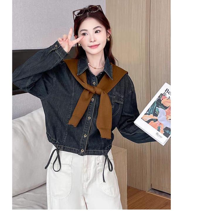 复古蓝色带披肩牛仔衬衫外套薄2025女早春秋季新款短款小个子夹克