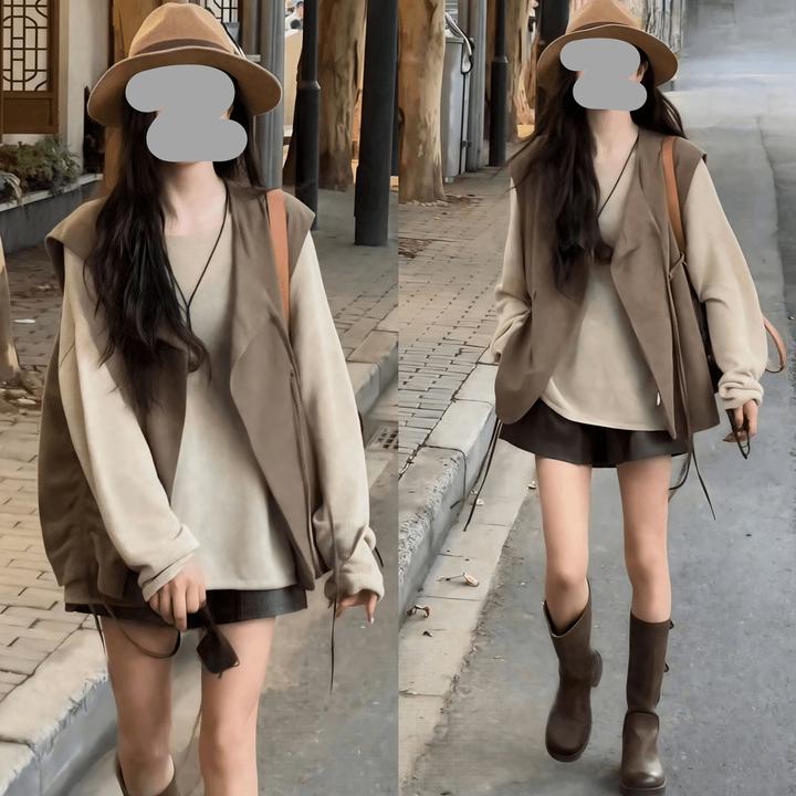 2025新款春季抽绳飘带马甲长袖针织打底上衣百搭皮短裤三件套装女