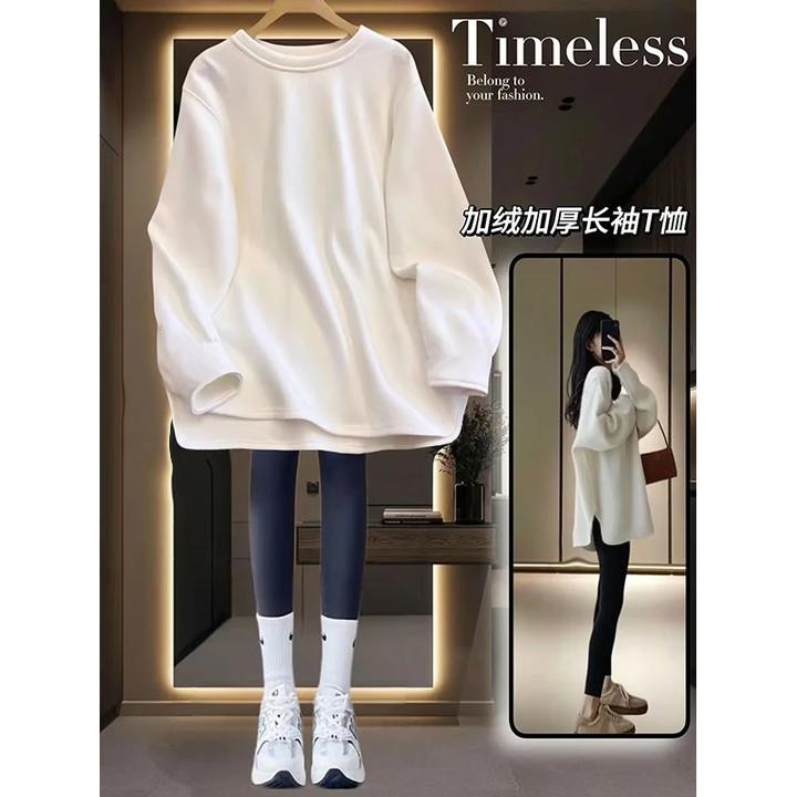 秋冬新款不规则加厚德绒T恤女宽松显瘦遮屁股中长款保暖内搭上衣