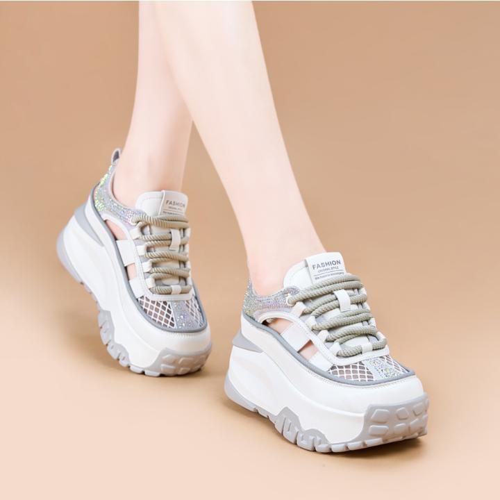 厚底老爹鞋2025夏季新款时尚休闲运动鞋透气镂空网面内增高小白鞋