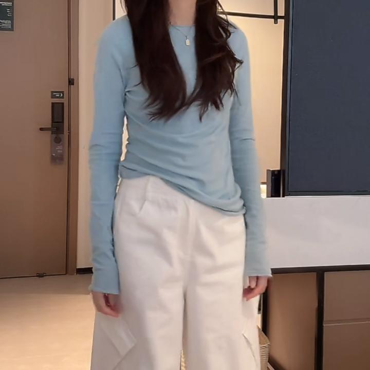 软糖纯色圆领防晒长袖T恤女2025新款春夏休闲时尚百搭简约上衣