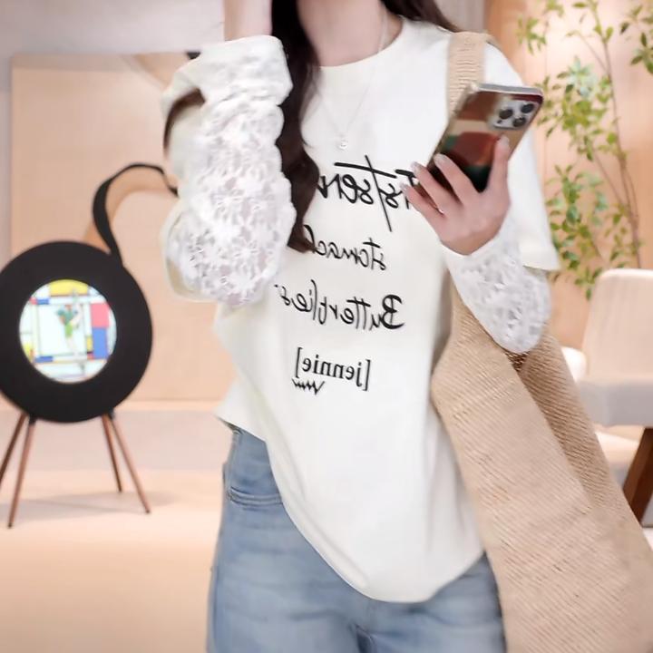 计感拼接蕾丝袖字母假两件长袖T恤女春季2025新款洋气显瘦上衣