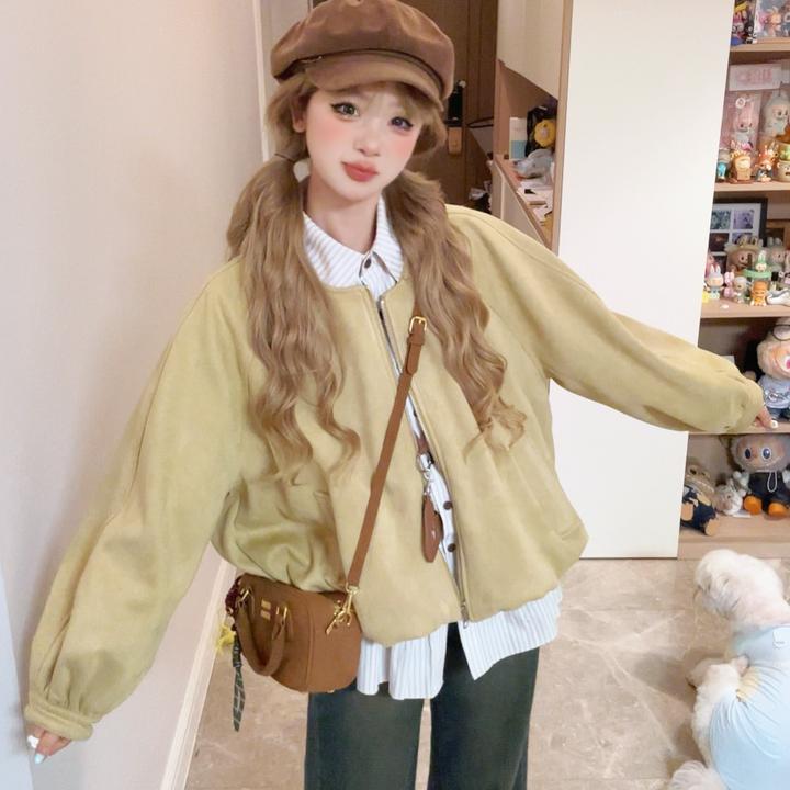 秋冬新款小个子时尚洋气高级感麂皮绒外套女宽松显瘦气质夹克上衣