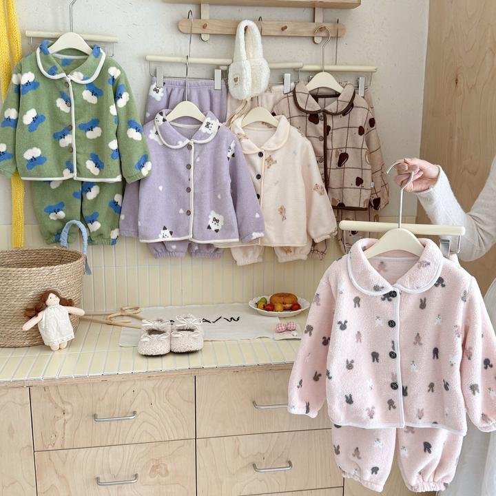 儿童冬季家居服睡衣套装雪粒绒男女宝宝开衫保暖加绒加厚潮酷衬衫