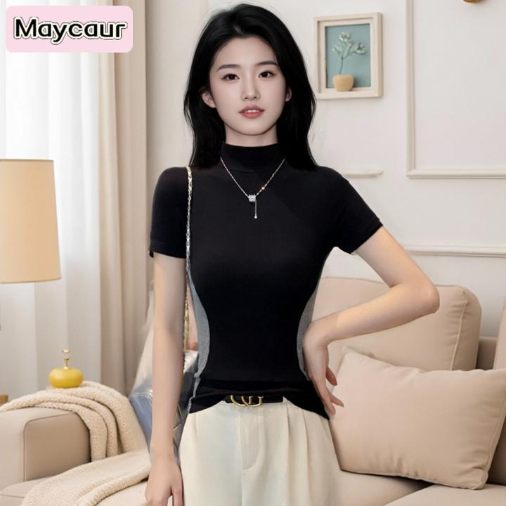 Maycaur春夏新款黑色螺纹半高领拼色短袖T恤女修身显瘦打底衫上衣