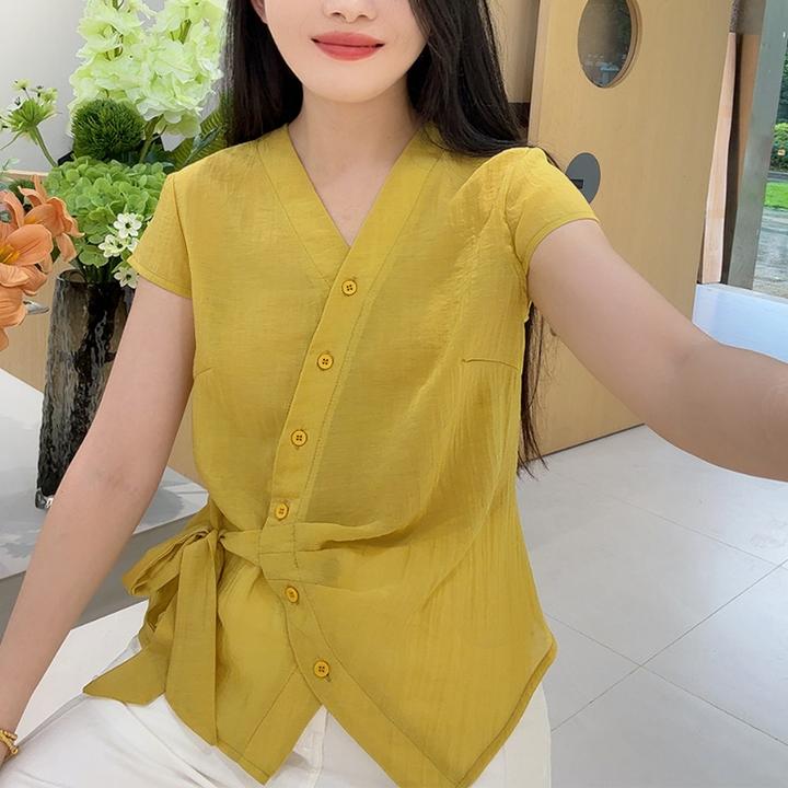 2025夏季韩系气质V领小衫系带设计感显瘦短袖上衣小衫女衬衣衬衫