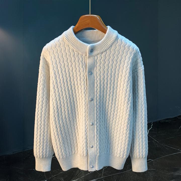 SCHMOWAHRK/施摩瓦戈男秋冬季圆领纽扣开衫外套厚款波浪纹针织衫