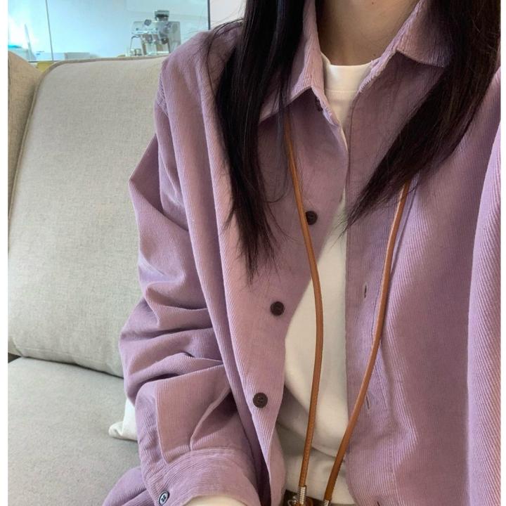 2025新品春秋复古紫色灯芯绒衬衫女韩系宽松休闲衬衣内搭叠穿上衣