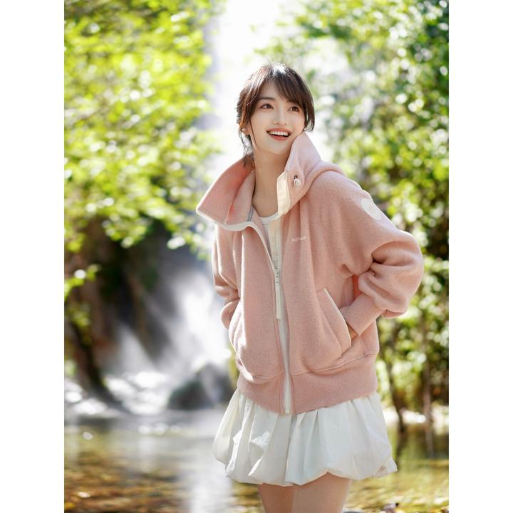 临典粉色抓绒外套女2025秋冬新款慵懒小众设计感宽松休闲连帽开衫