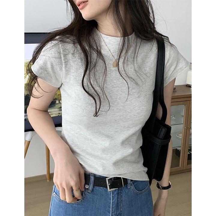 麻灰色夏季新款修身显瘦显身材纯色小立领正肩百搭短袖T恤女春季