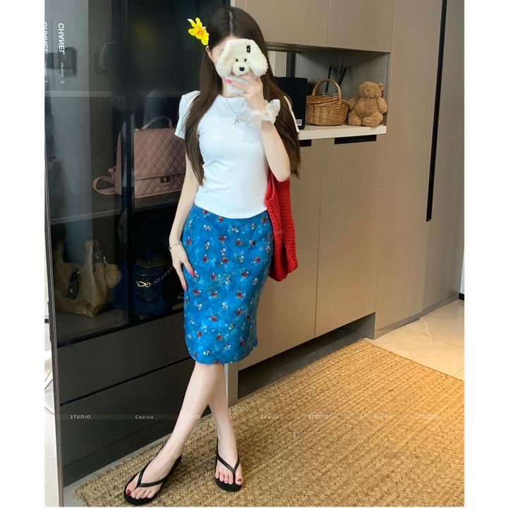 泰兰德少女 蓝色碎花雪纺直筒半身裙中裙高腰复古中长款裙子