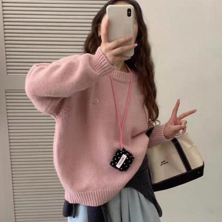 慵懒风圆领套头毛衣女秋冬新款低领宽松小标高级感软糯内搭针织衫