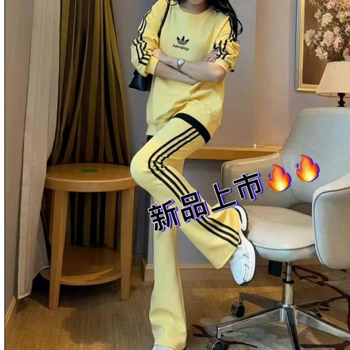时尚条纹透气休闲春季夏季运动风高腰休闲裤喇叭腿裤显瘦长裤