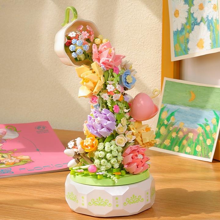 国潮积木花颜茶语灯光音乐盒兼容乐可高积木玩具情人节新年送礼物