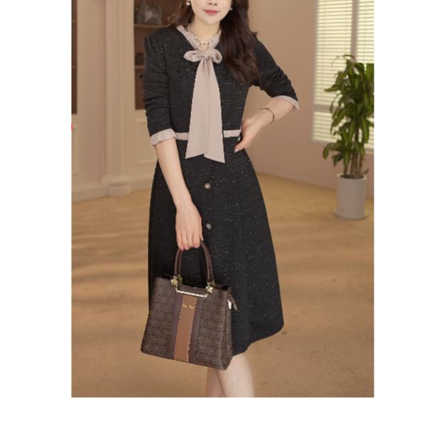 1096#春秋款小香风连衣裙女长袖时尚气质显瘦假两件裙子