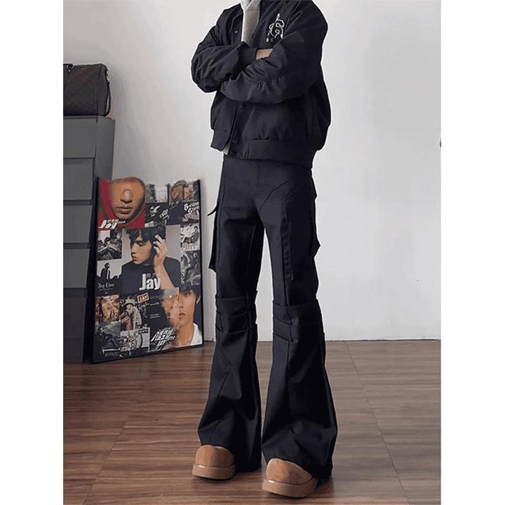 黑色解构系褶皱弯刀休闲裤男款设计感微喇西装裤子美式重炮直筒裤