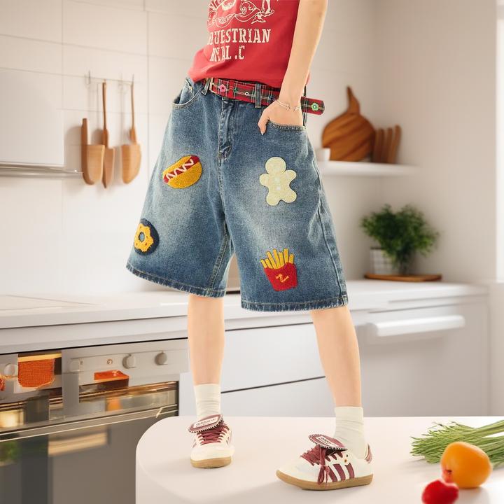 美式高街oversize汉堡薯条毛巾绣牛仔短裤男女情侣夏季休闲五分裤